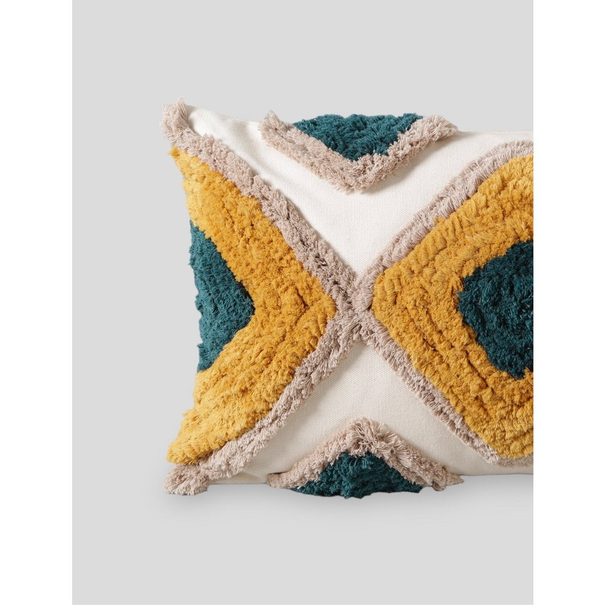 Decorative pillow with geometric pattern on a light gray background