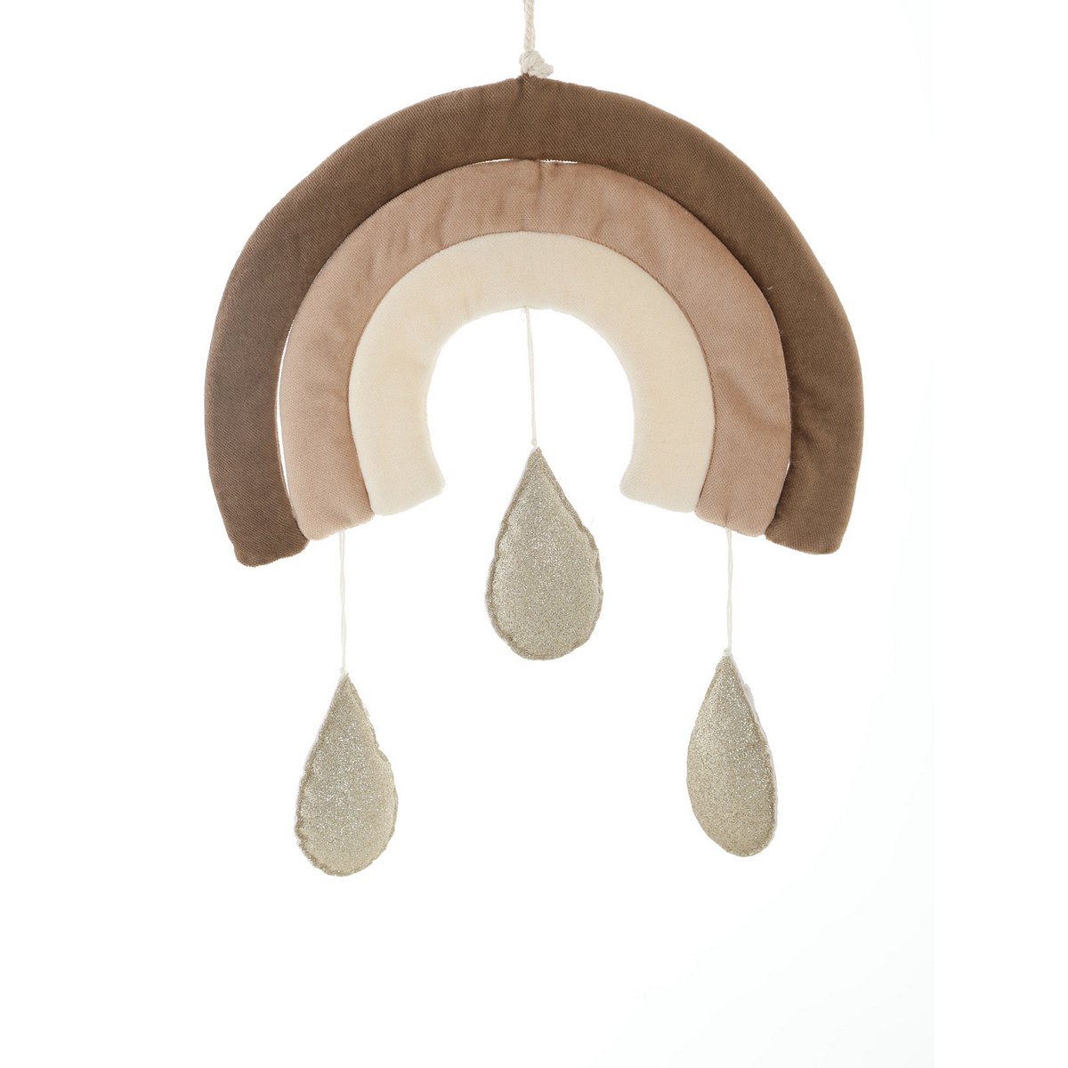 Decorative hanging mobile with rainbow and teardrop shapes on a white background
