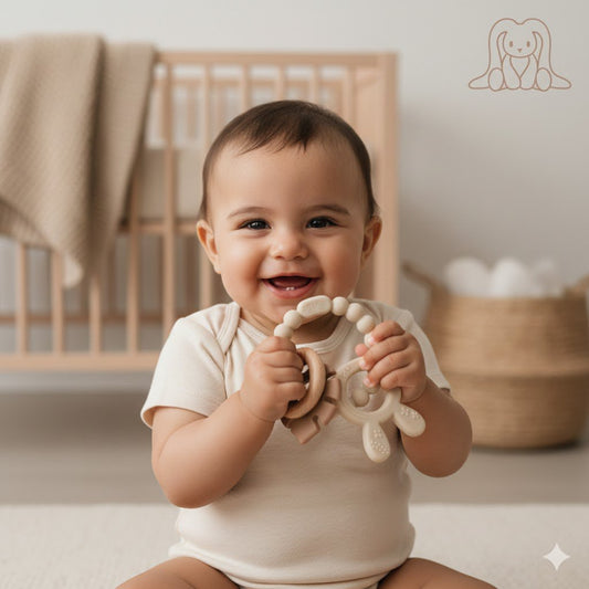 Bunny & Leaf Rattle Μαλακός Δακτύλιος Δοντιών Ξύλου και Σιλικόνης - Άμμου & Χακί