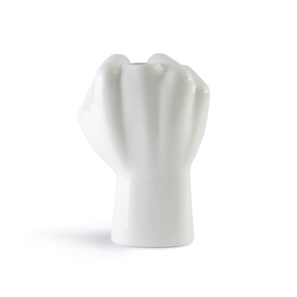 White ceramic hand-shaped vase on a white background
