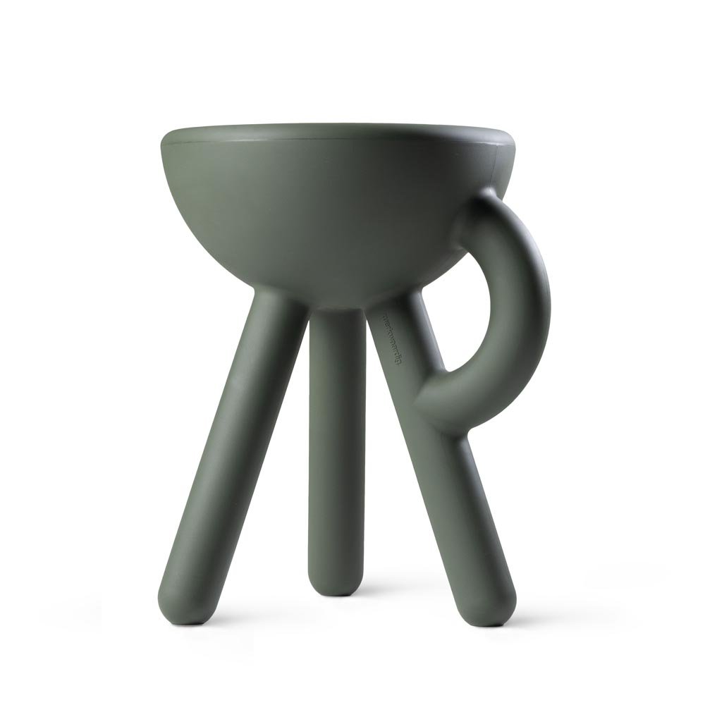 Green stool with a unique design on a white background