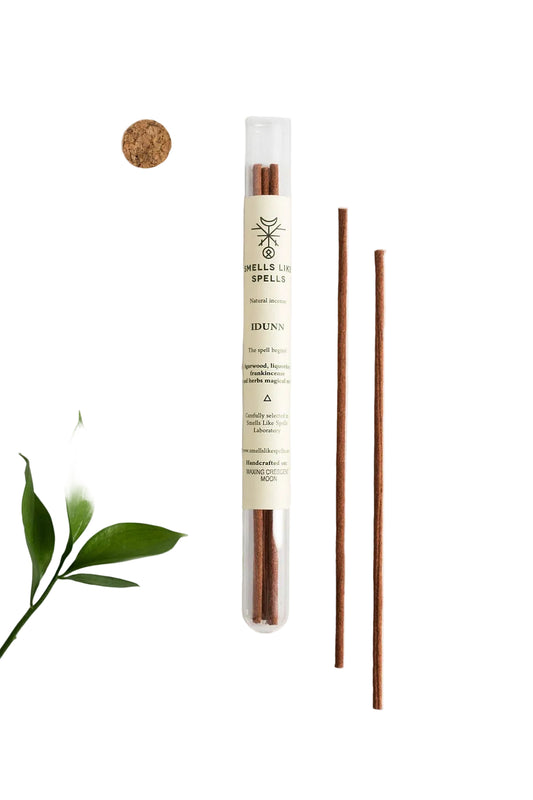 Incense stick with packaging labeled 'Wells & Spells' on a white background