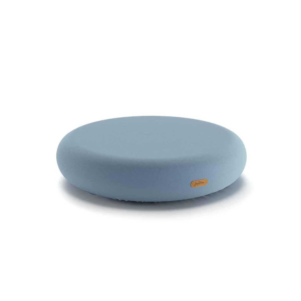 Round blue cushion with a brand logo on a white background