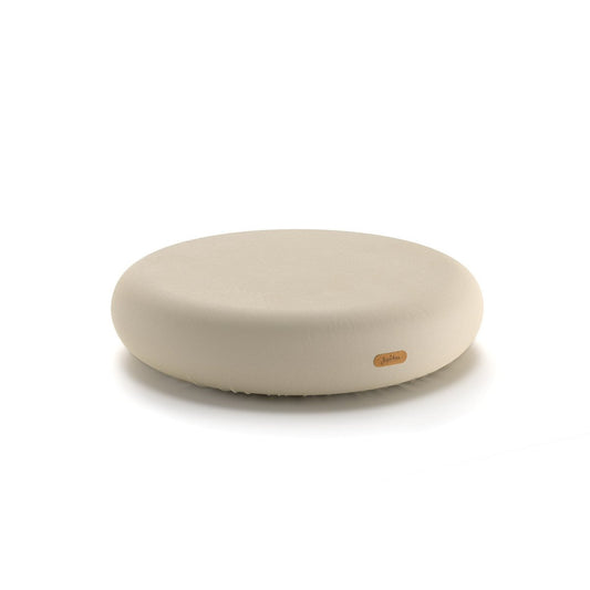 Round beige cushion with a brand logo on a white background
