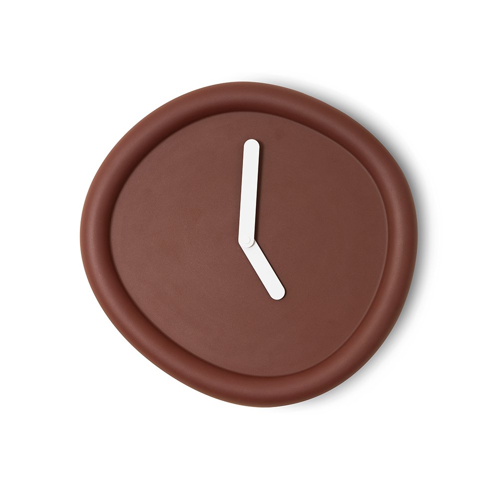 Brown wall clock with white hour hand on a white background