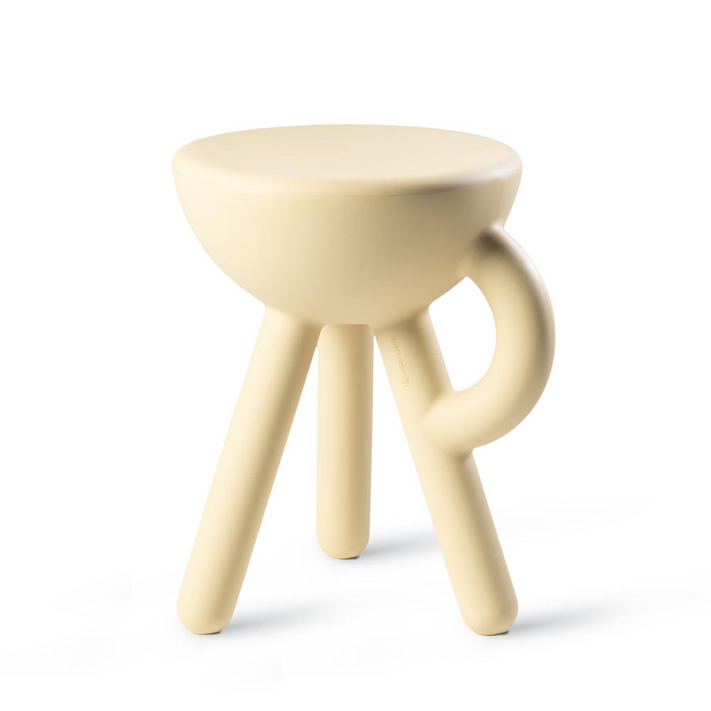 Cream-colored stool with a unique design on a white background