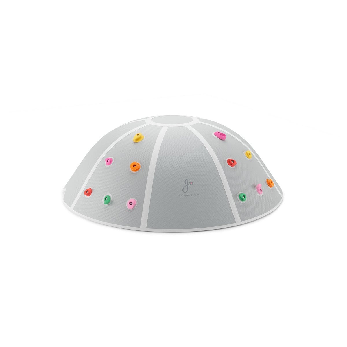 Gray climb and jumb dome for kids with colorful buttons on a white background