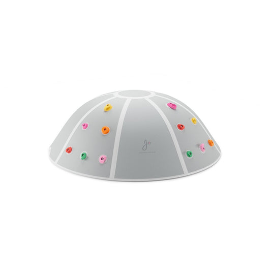 Gray climb and jumb dome for kids with colorful buttons on a white background