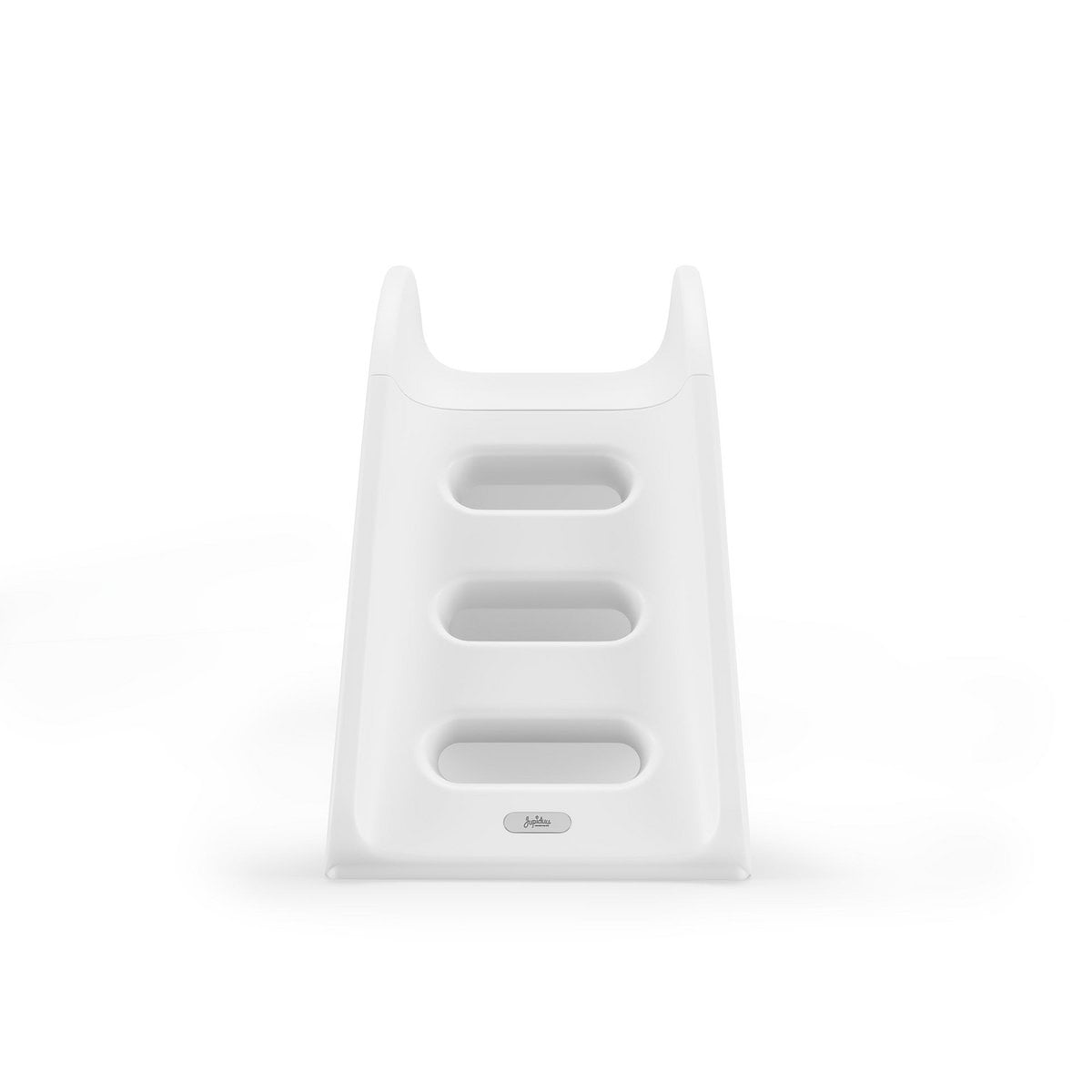 White plastic step stool with three horizontal rungs on a white background