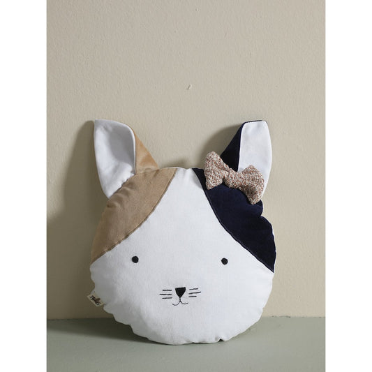 Decorative pillow shaped like a cat's face with a bow on a beige background