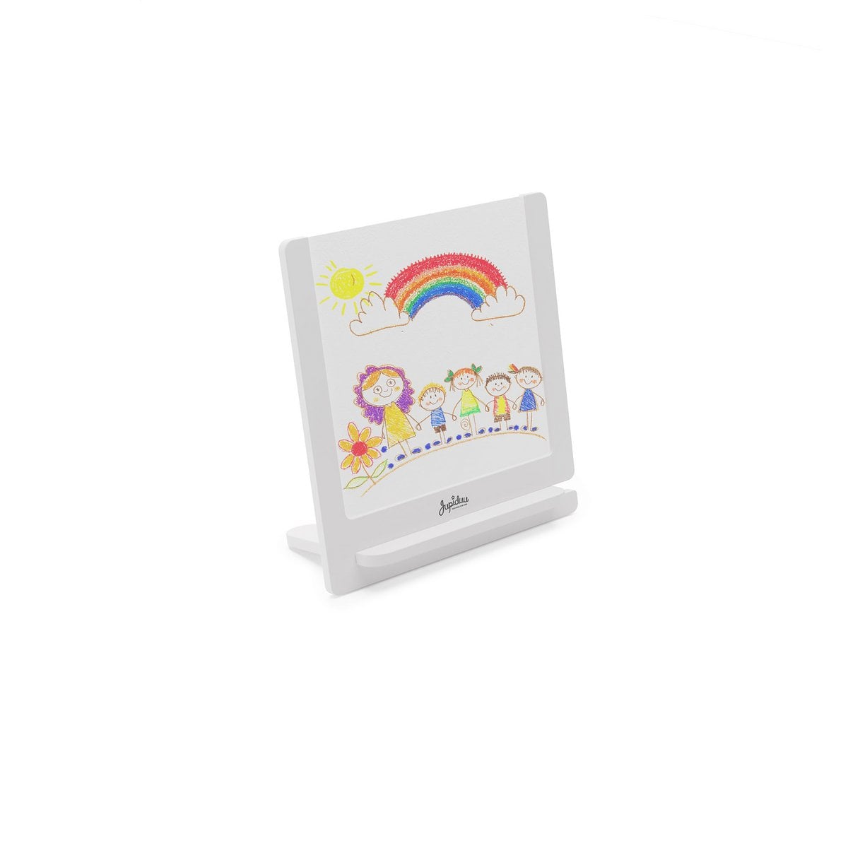 Children's drawing with a rainbow and flowers in a white frame on a white background