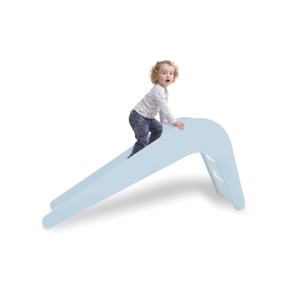 Child playing on a light blue slide against a white background