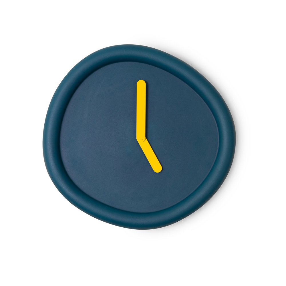 Dark blue clock with a yellow hand on a white background