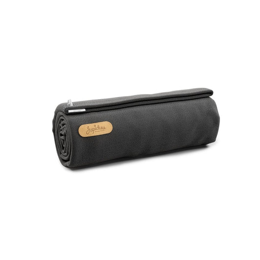 Roll-up black mat with a visible brand logo on a white background