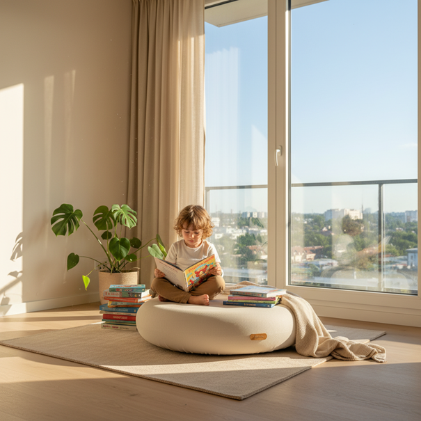 Child reading a book on a white cushion by a large window with a view of trees.