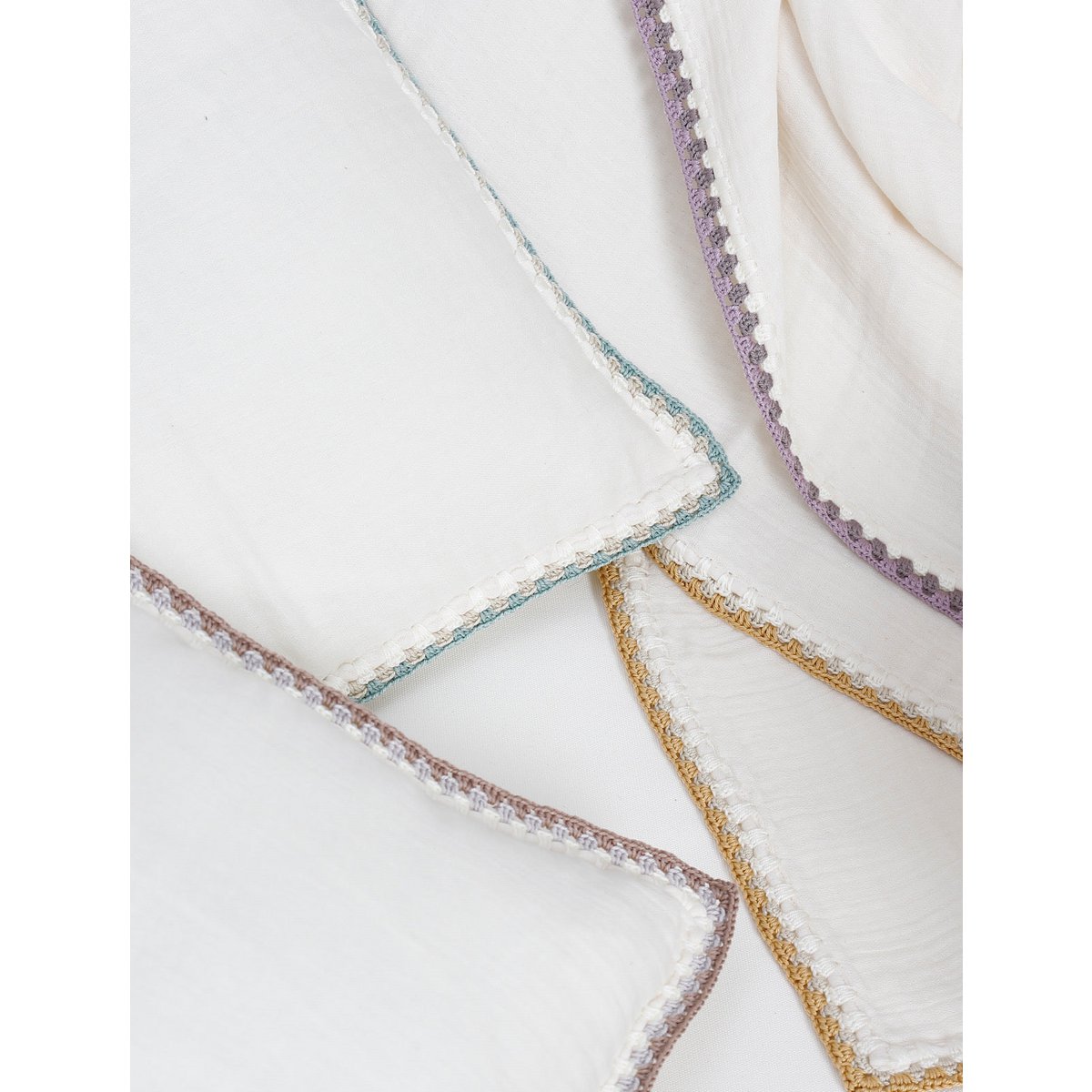 Close-up of textured fabric with colorful borders on a white background