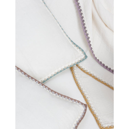 Close-up of textured fabric with colorful borders on a white background