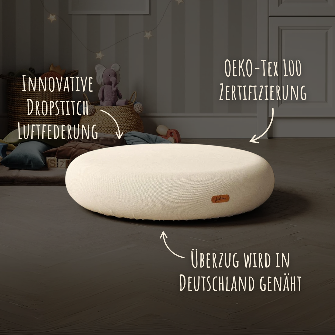Round white cushion on a bed with text highlighting features and certifications