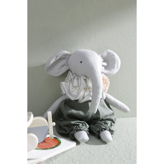Plush elephant toy with a white ruffled collar on a light gray background