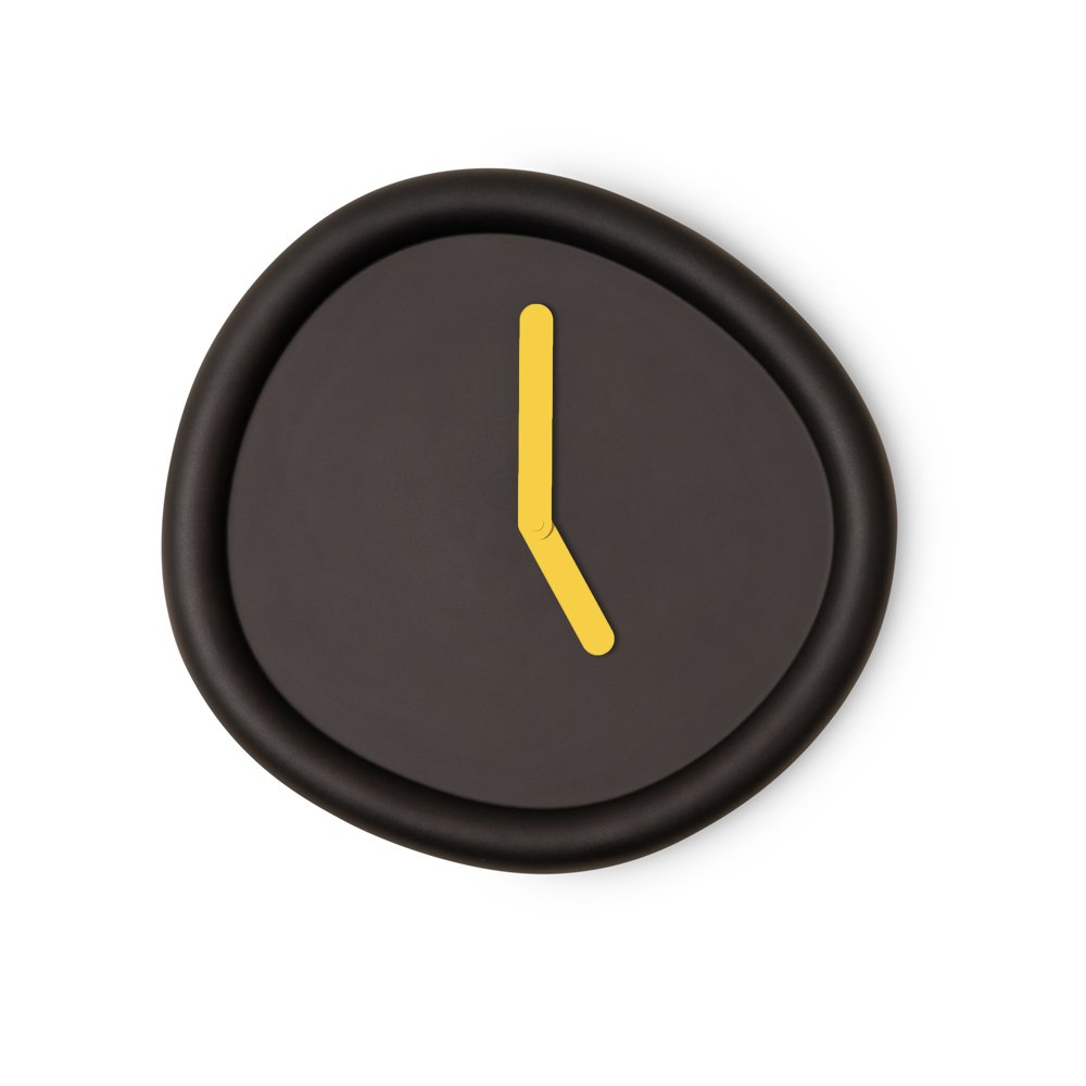 Black clock with a yellow hand on a white background