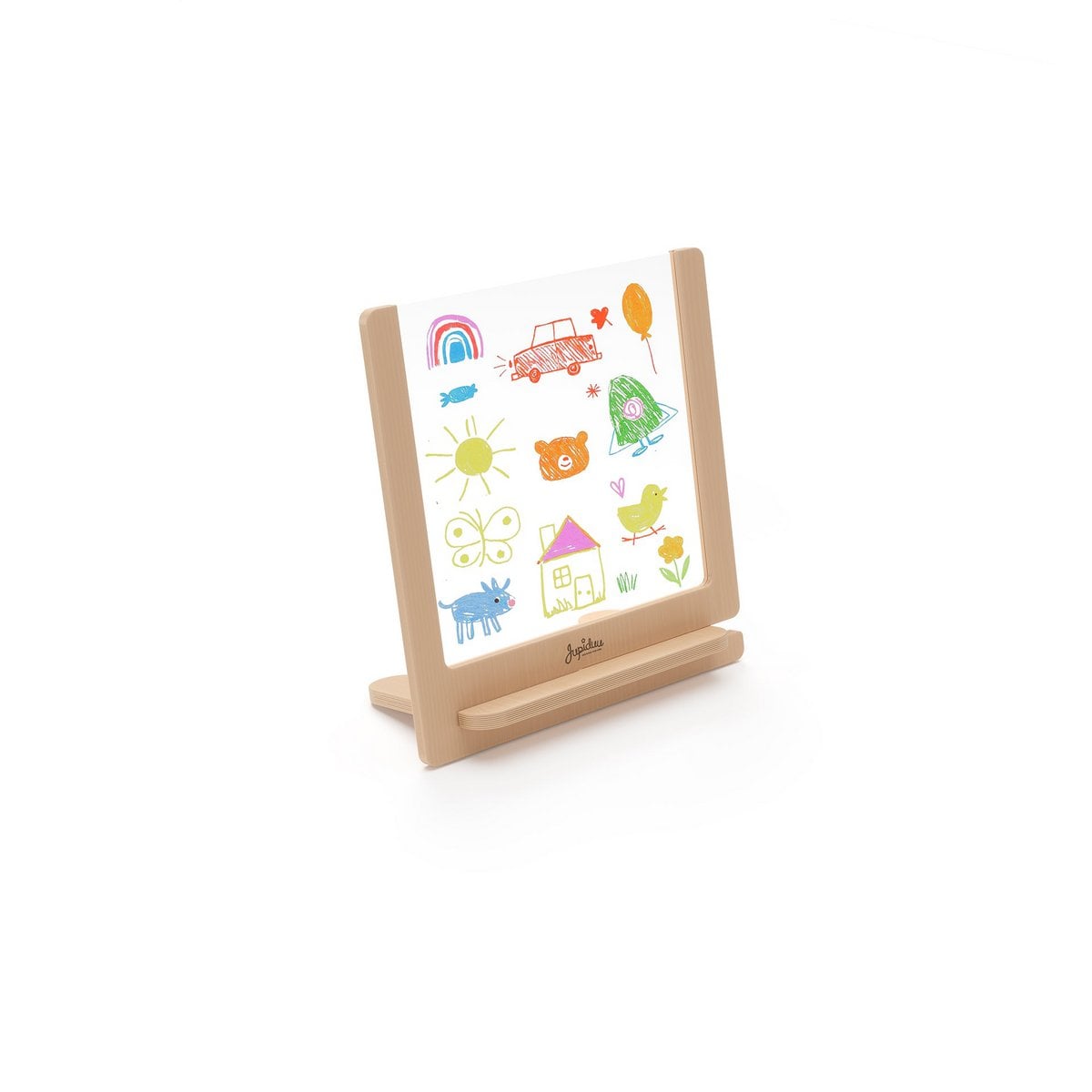 Small wooden easel with colorful drawings on a white background by jupiduu