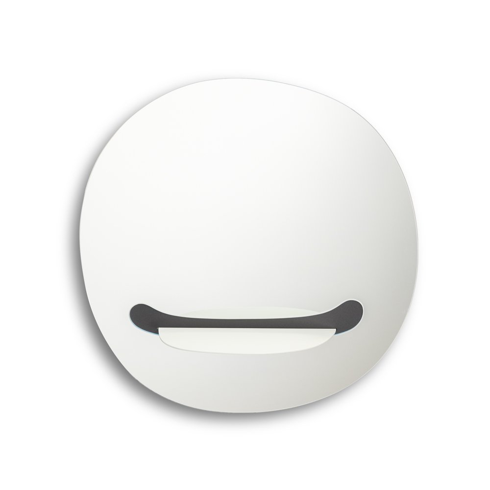 Round white object with a black smiley face on a white background