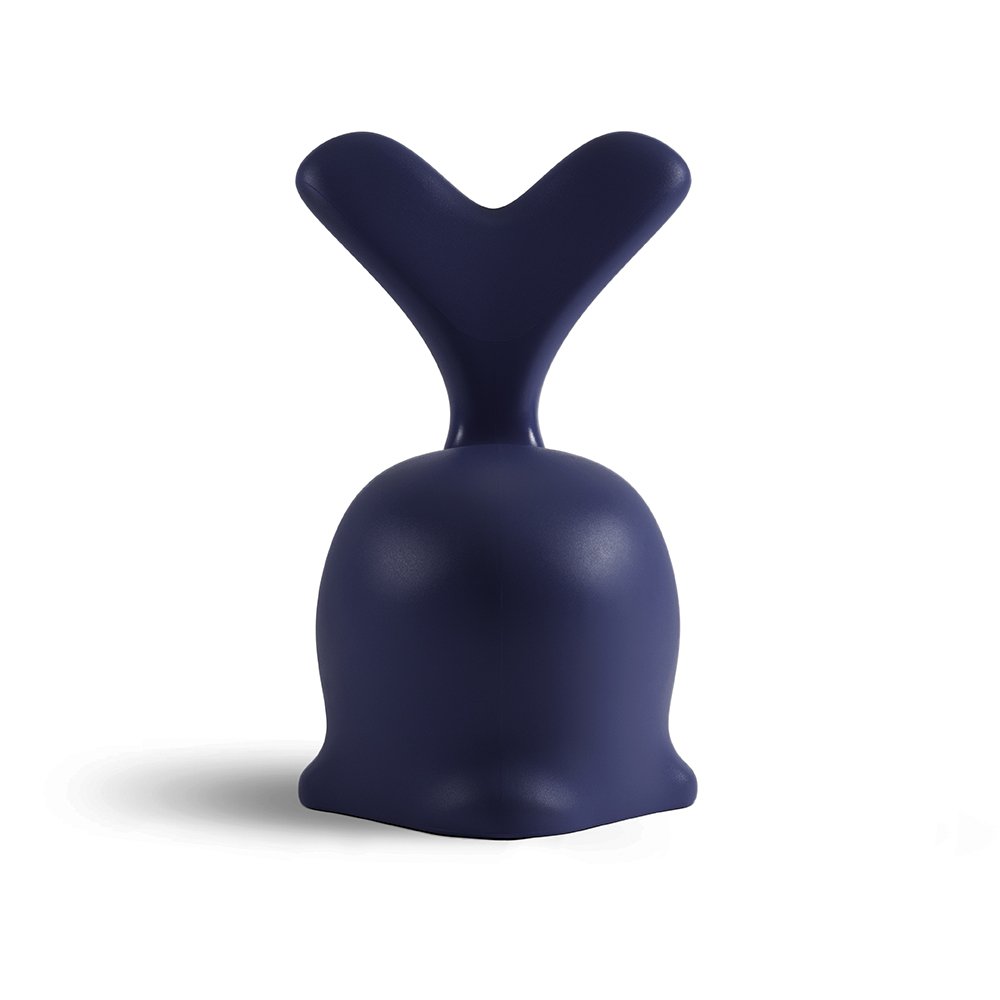 Navy blue decorative object with a unique shape on a white background
