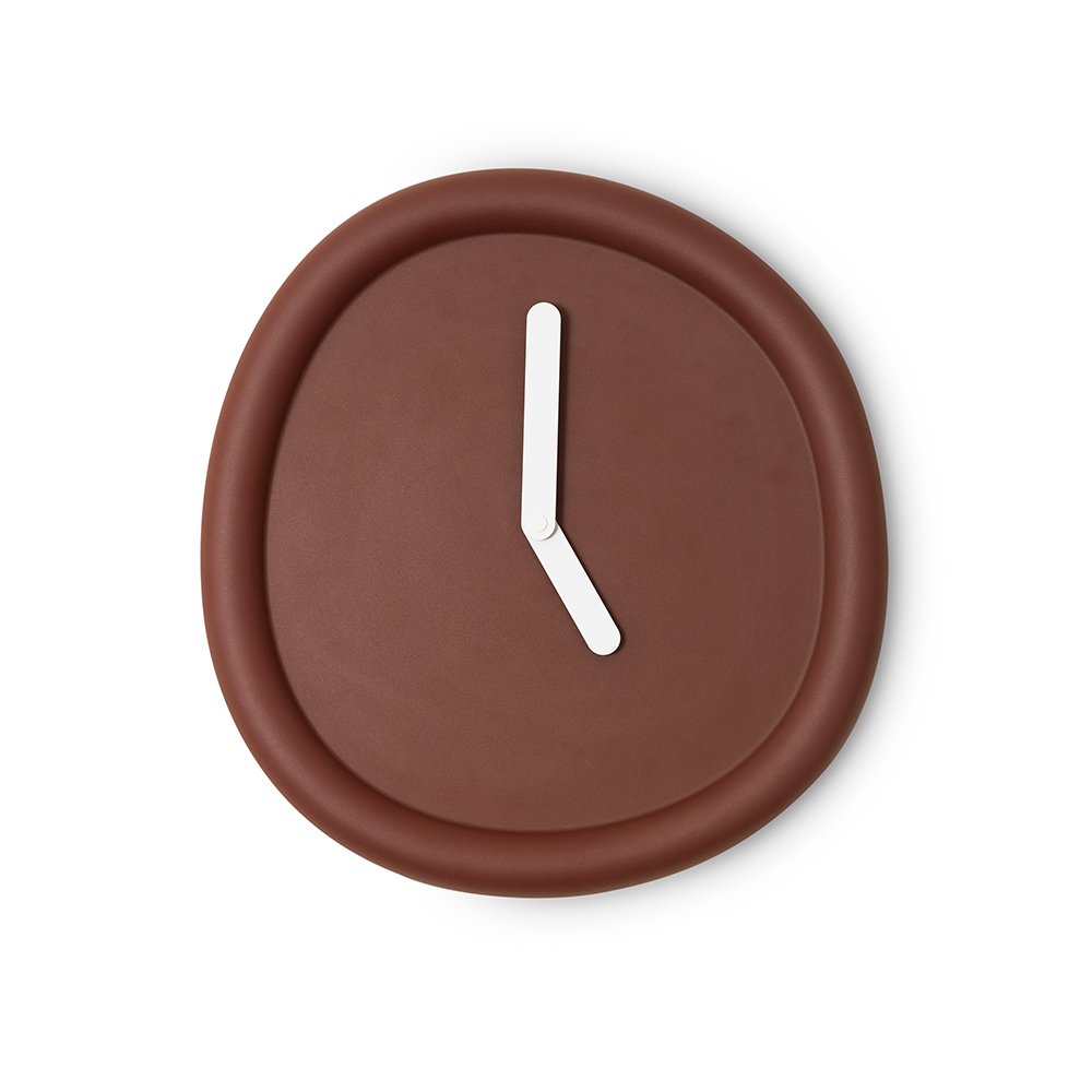 Brown wall clock with white hour hand on a white background