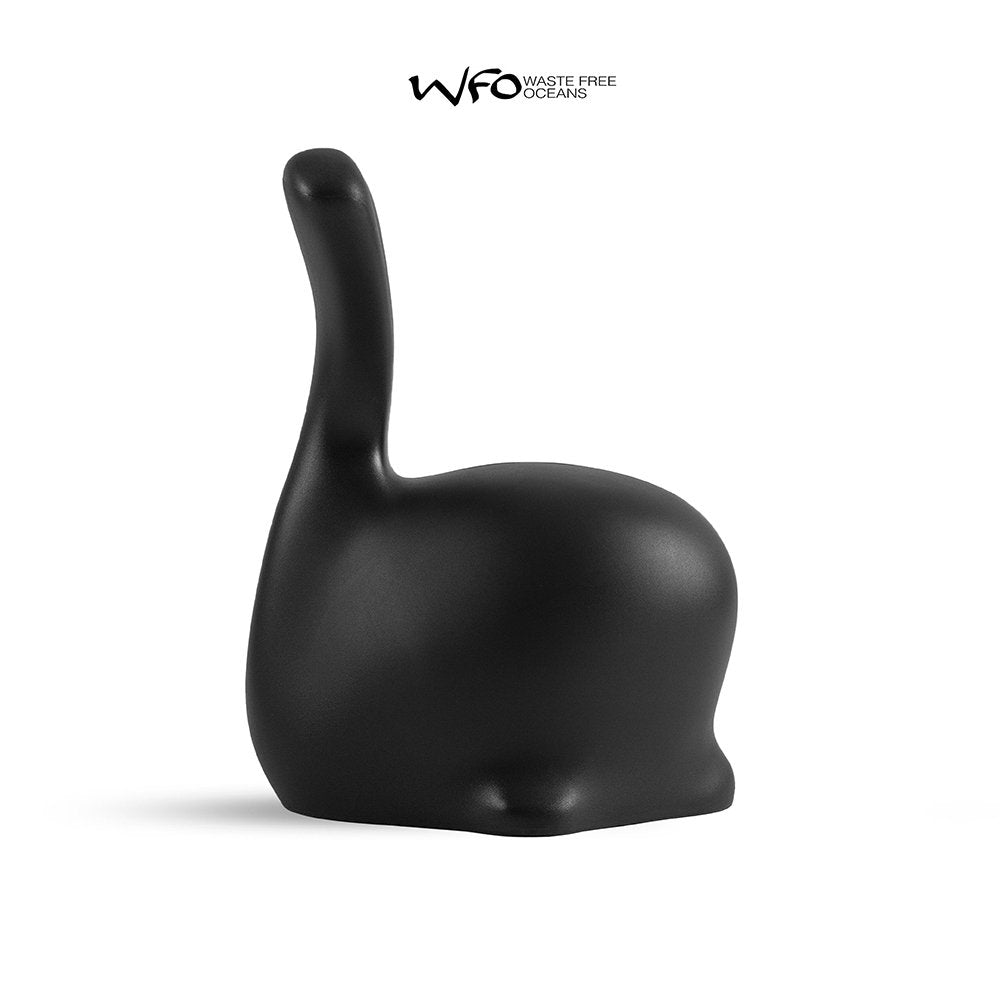 Black swan-shaped object on a white background with 'Waste Free Oceans' logo.