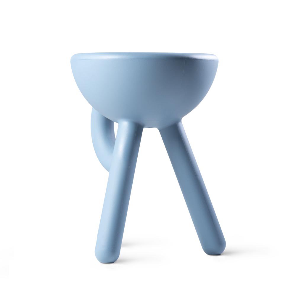 Blue ceramic bowl with three legs on a white background