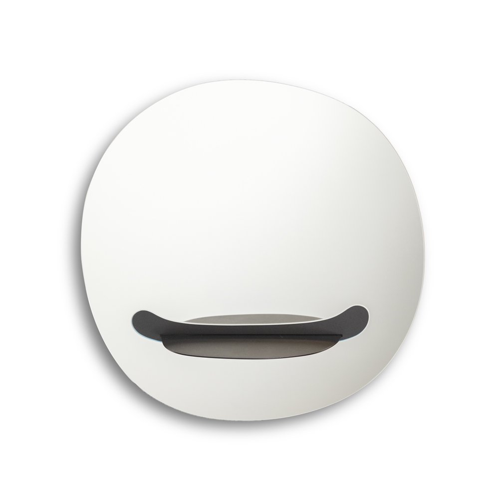 Round white object with a black smiley face on a white background