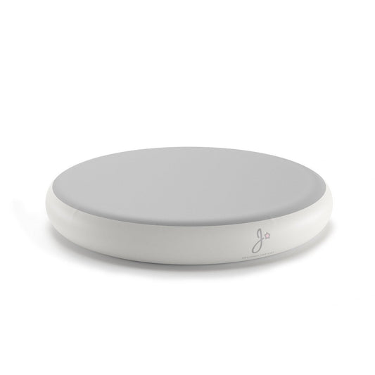 Round gray object with a brand logo on a white background
