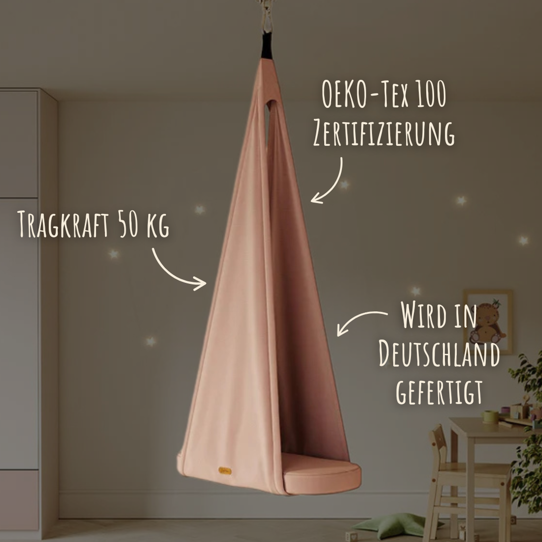 Pink swing with certification text in a kids room setting