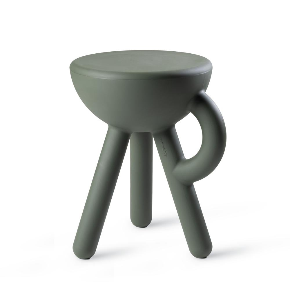 Green stool with a unique design on a white background