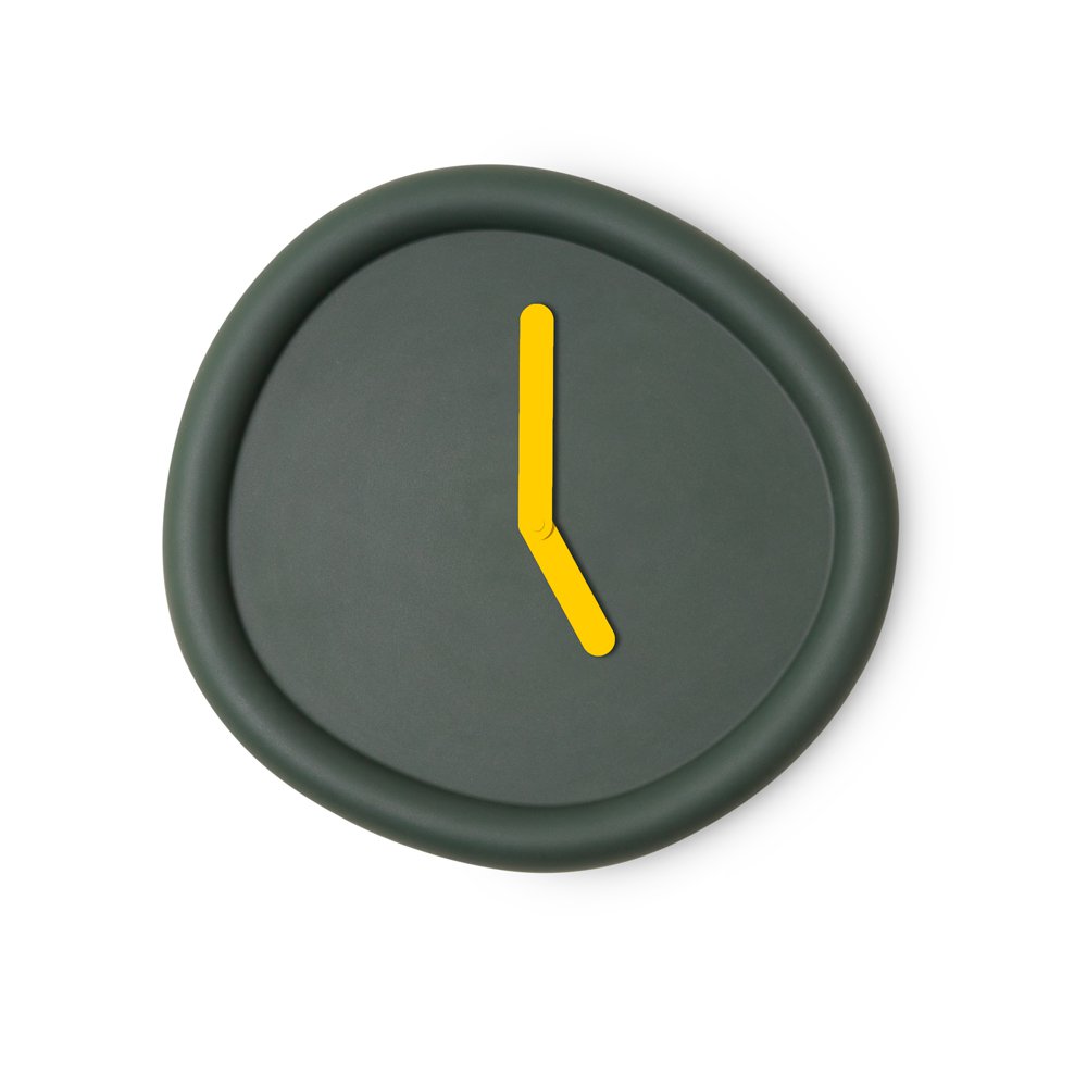Dark green clock with a yellow second hand on a white background