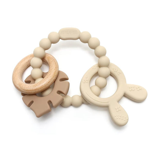 Bunny & Leaf Rattle Μαλακός Δακτύλιος Δοντιών Ξύλου και Σιλικόνης - Άμμου & Χακί