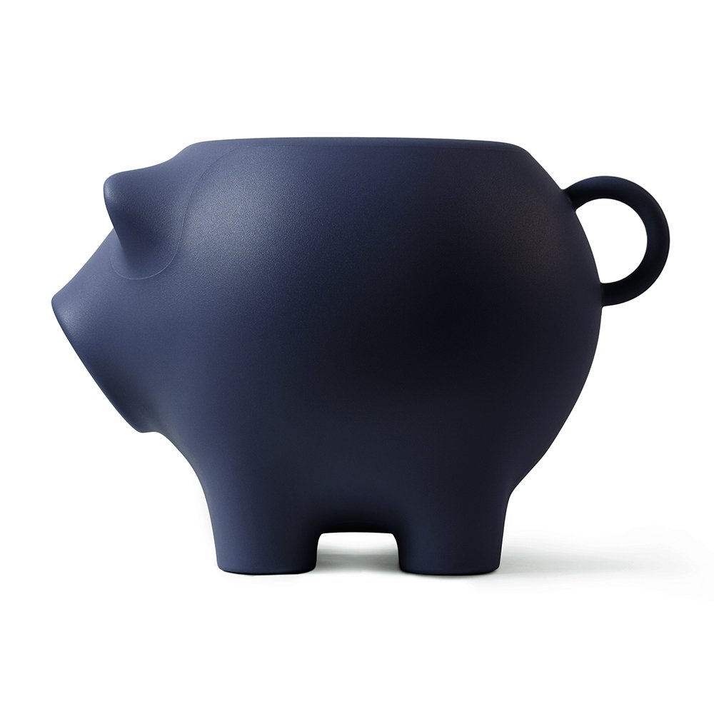 Navy blue piggy bank on a white background