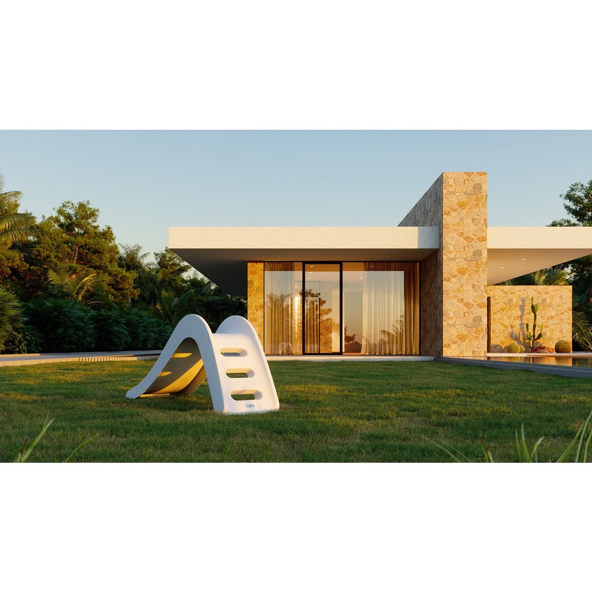 Modern house with a white outdoor chair in front