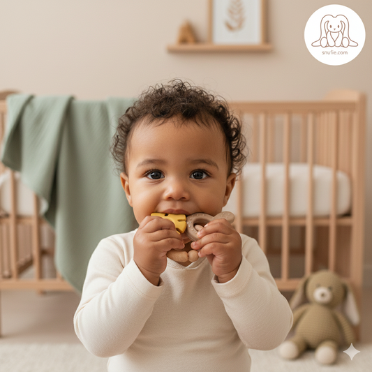 Leaf Rattle Μαλακός Δακτύλιος Δοντιών Ξύλου και Σιλικόνης - Χακί & Ώχρα