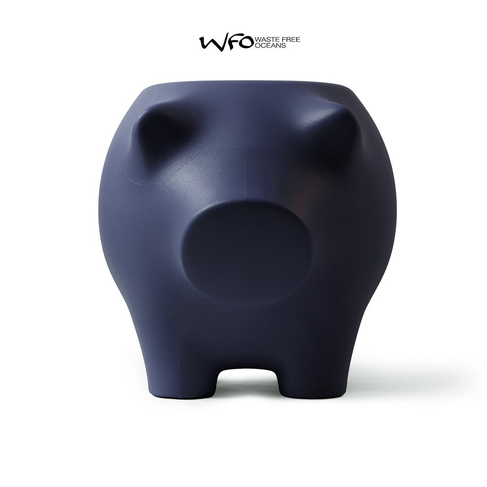 Blue pig-shaped container with 'Waste Free Oceans' logo on a white background