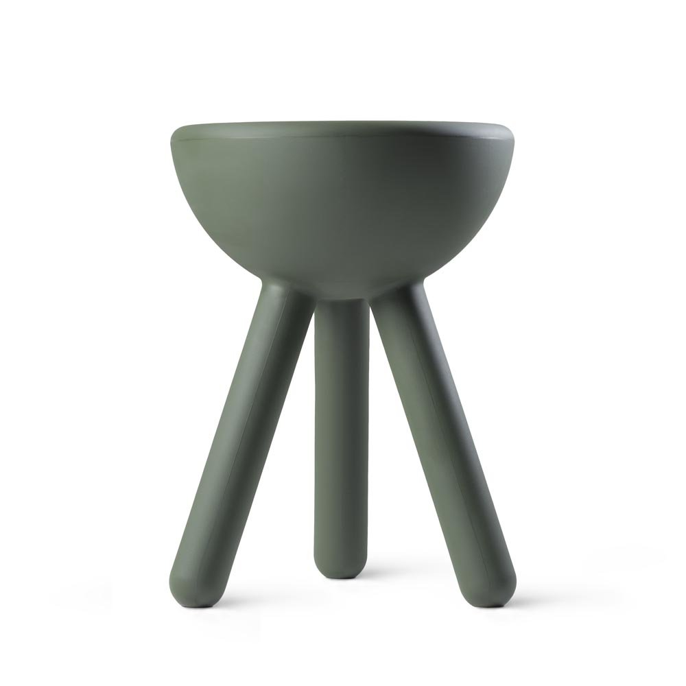 Green stool with a bowl-like seat on a white background