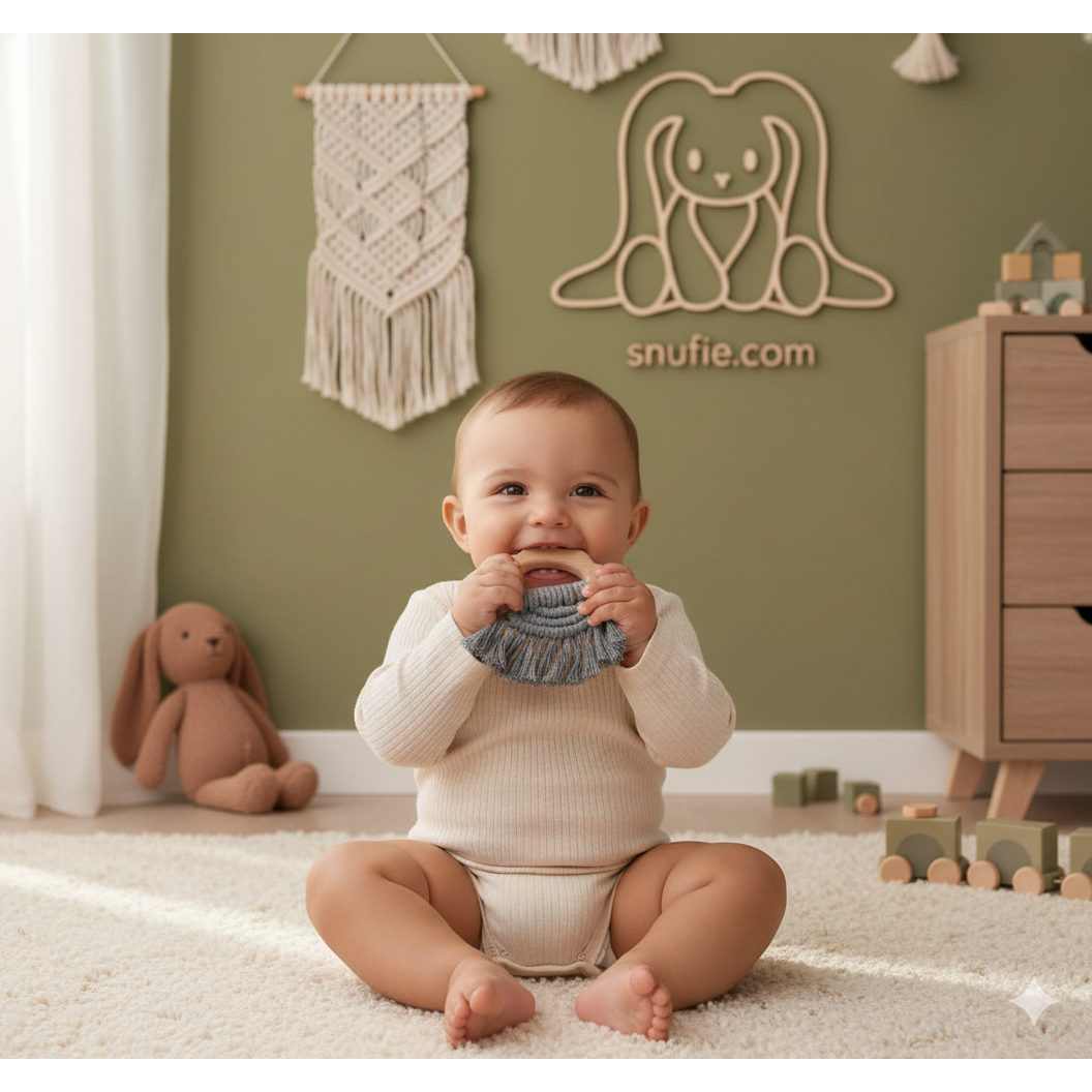 Boho Δακτύλιος Δοντιών Ξύλου και Βαμβακιού - Γκρί