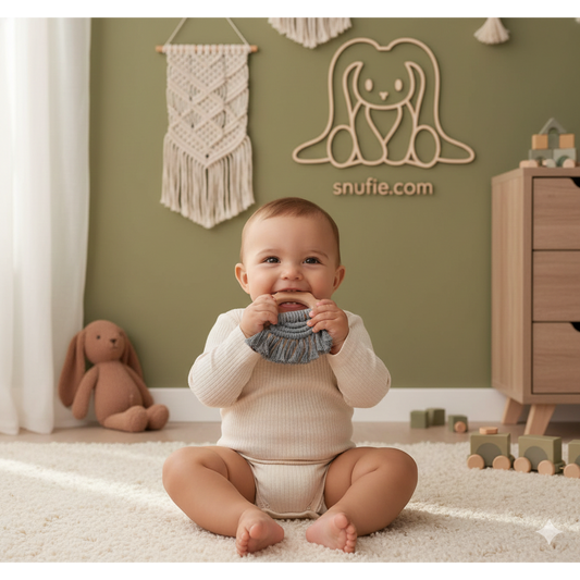 Boho Δακτύλιος Δοντιών Ξύλου και Βαμβακιού - Γκρί