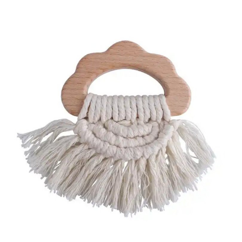 Boho Δακτύλιος Δοντιών Ξύλου και Βαμβακιού - Εκρού
