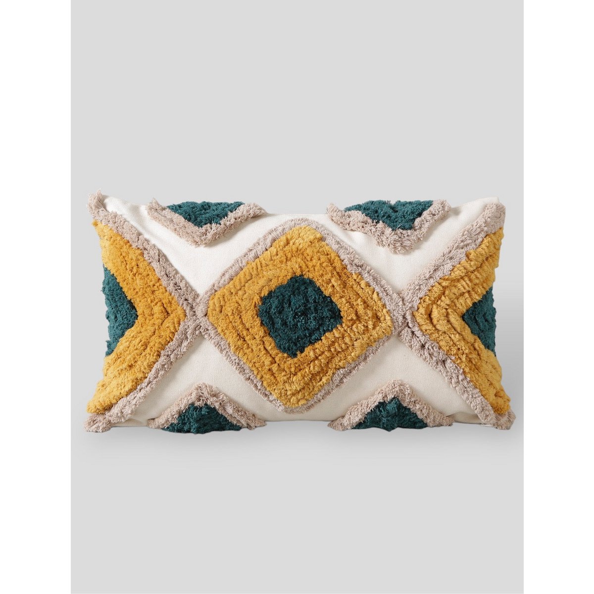Decorative pillow with geometric pattern on a light gray background