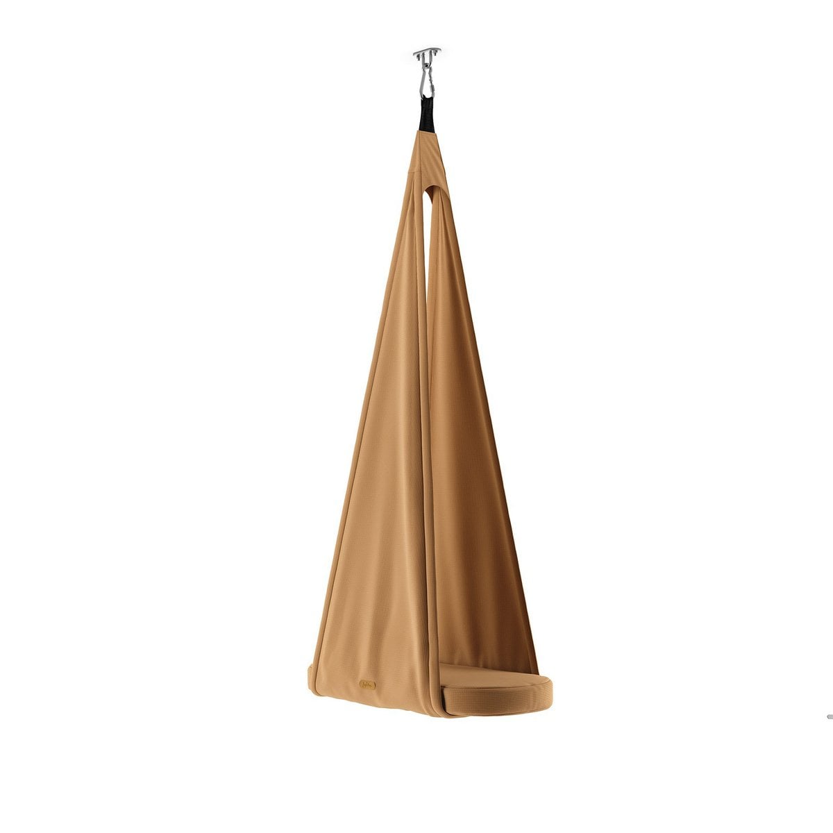 Brown hammock swing hanging from a hook on a white background