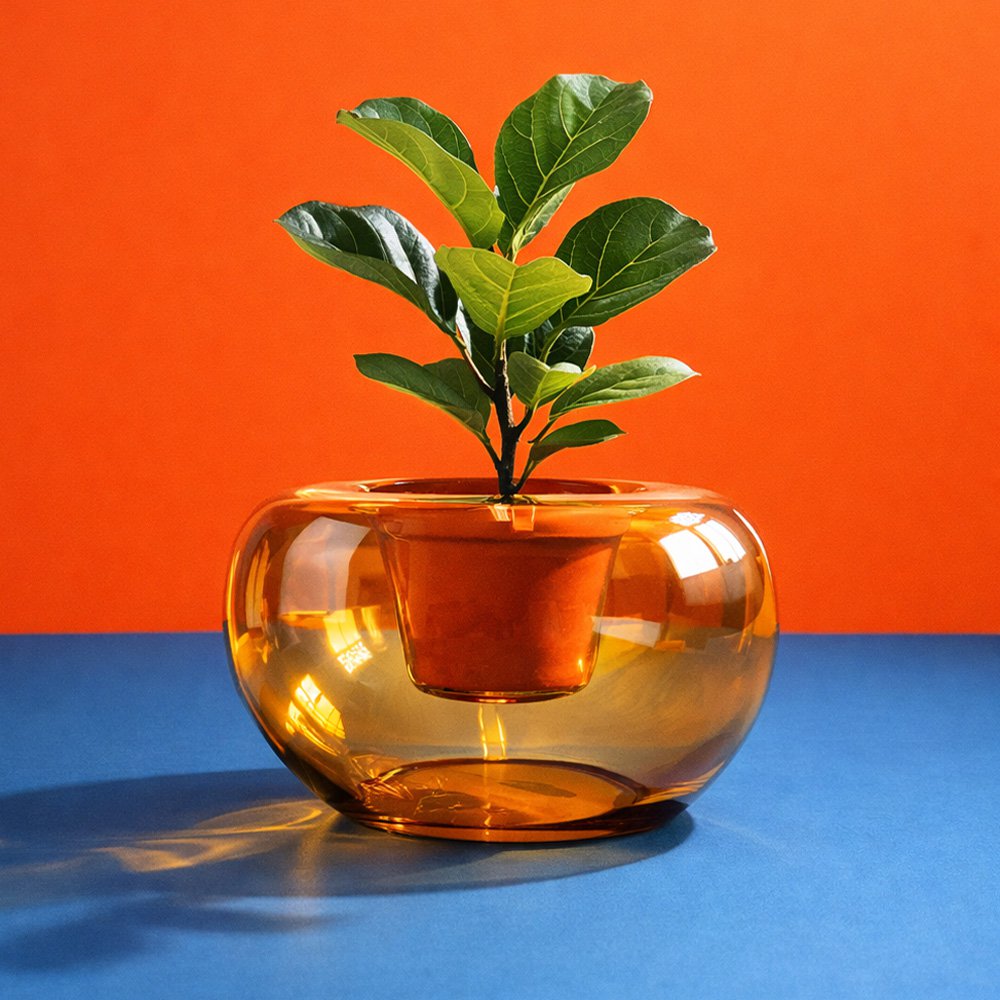 Amber glass vase with a plant on a blue and orange background