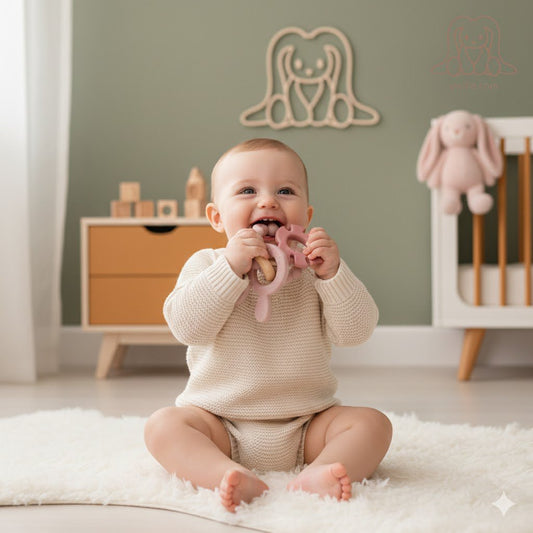 Bunny & Leaf Rattle Μαλακός Δακτύλιος Δοντιών Ξύλου και Σιλικόνης - Ερυθρό & Ρόζ