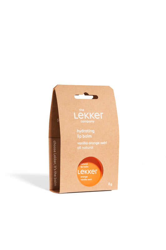 The lekker company orange vanilla swirl lip balm.
