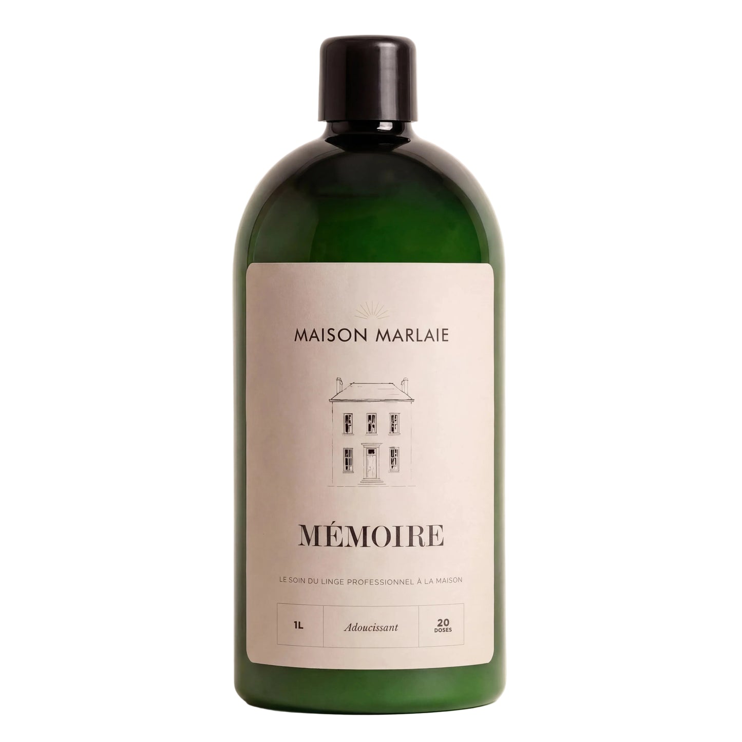 Green bottle with a label on a beige background